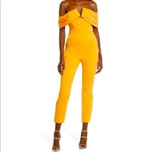 Lavish Alice V-Front Off the Shoulder Jumpsuit, orange yellow, size 2